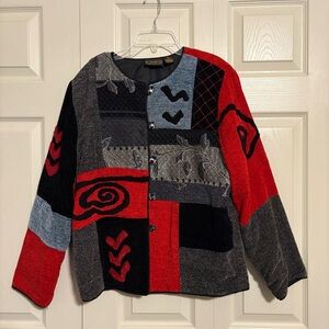 Vintage Allure patchwork jacket Cottagecore art multicolor 100% Rayon Abstract M